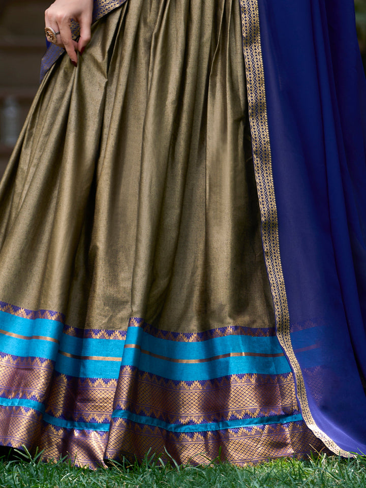 Olive Green Zari Weaving Cotton Traditional Half Saree Lehenga