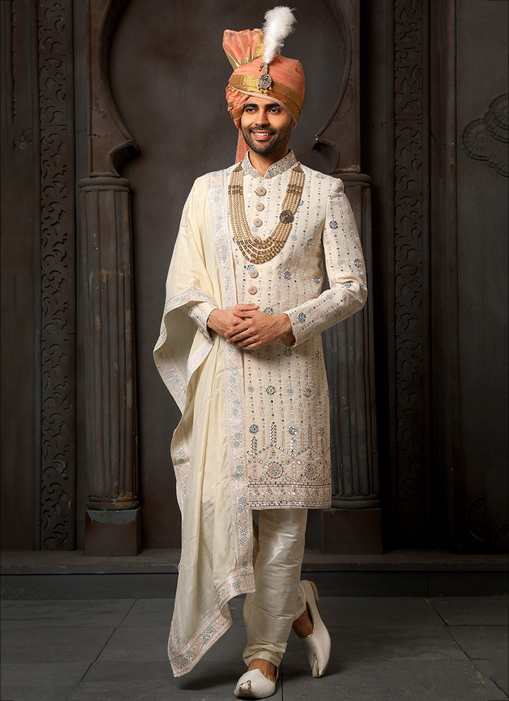 cream Georgette Wedding Wear Thread Work Sherwani