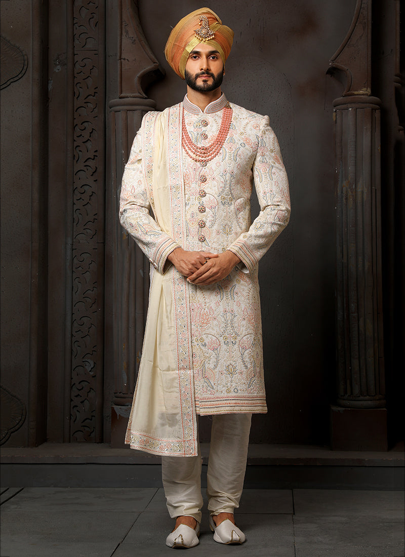cream Georgette Wedding Wear Thread Work Sherwani
