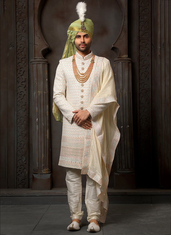 cream Georgette Wedding Wear Thread Work Sherwani