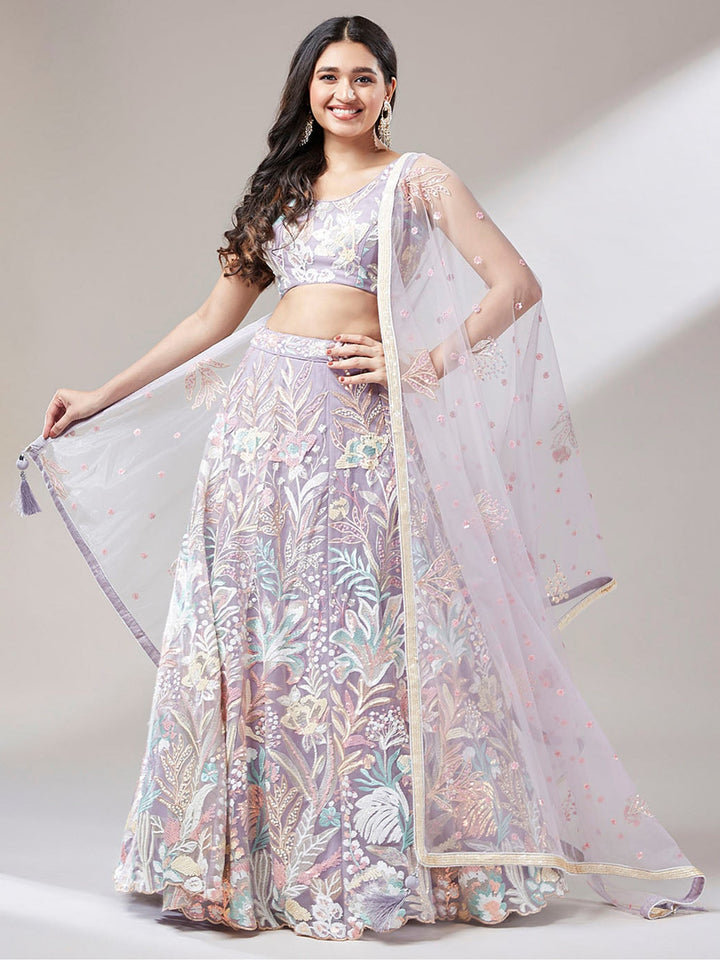 Lavender Sequins Net Bridesmaid Lehenga Choli With Dupatta
