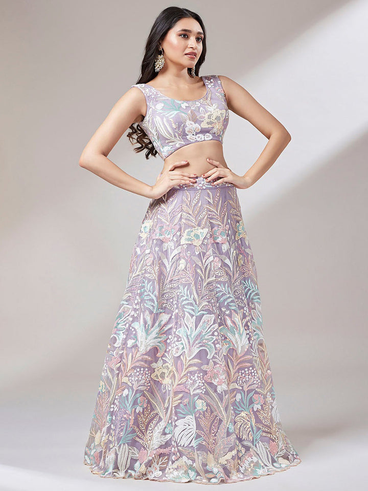 Lavender Sequins Net Bridesmaid Lehenga Choli With Dupatta