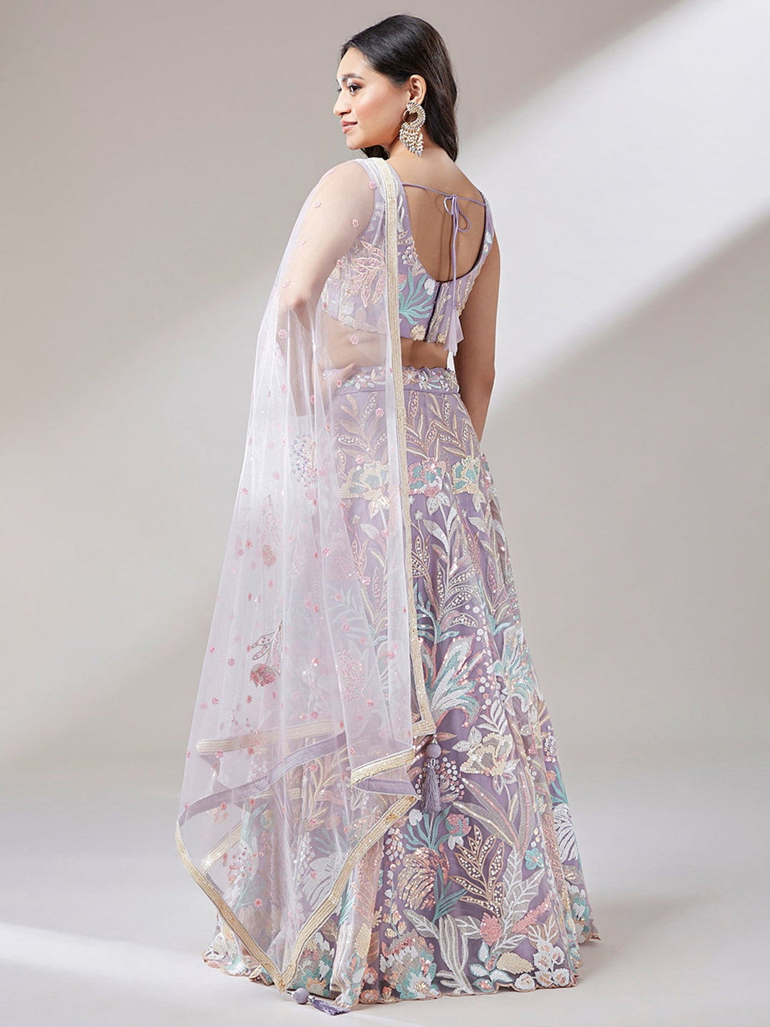 Lavender Sequins Net Bridesmaid Lehenga Choli With Dupatta