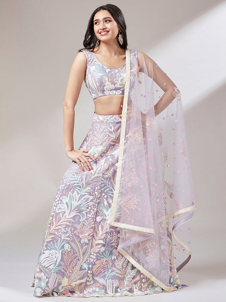 Lavender Sequins Net Bridesmaid Lehenga Choli With Dupatta