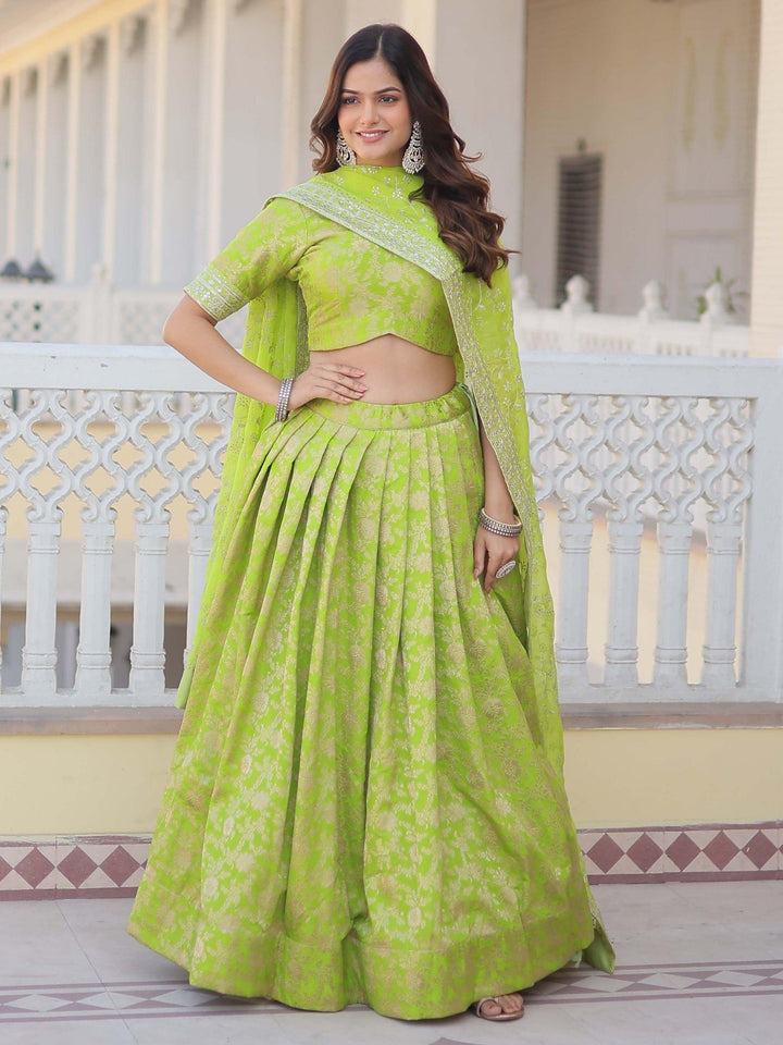 Green Embroidered Jacquard Wedding Wear Lehenga Choli