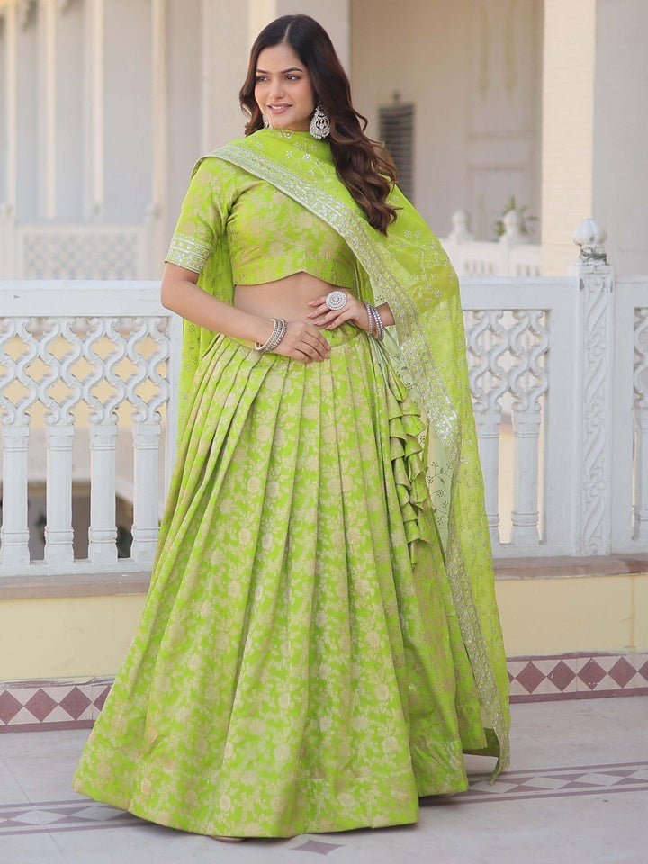 Green Embroidered Jacquard Wedding Wear Lehenga Choli