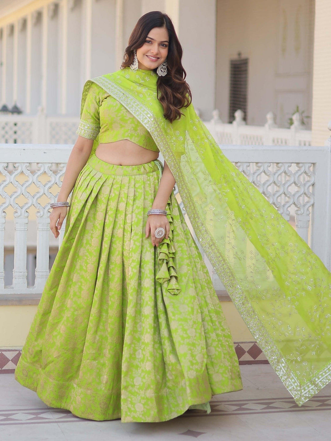 Green Embroidered Jacquard Wedding Wear Lehenga Choli