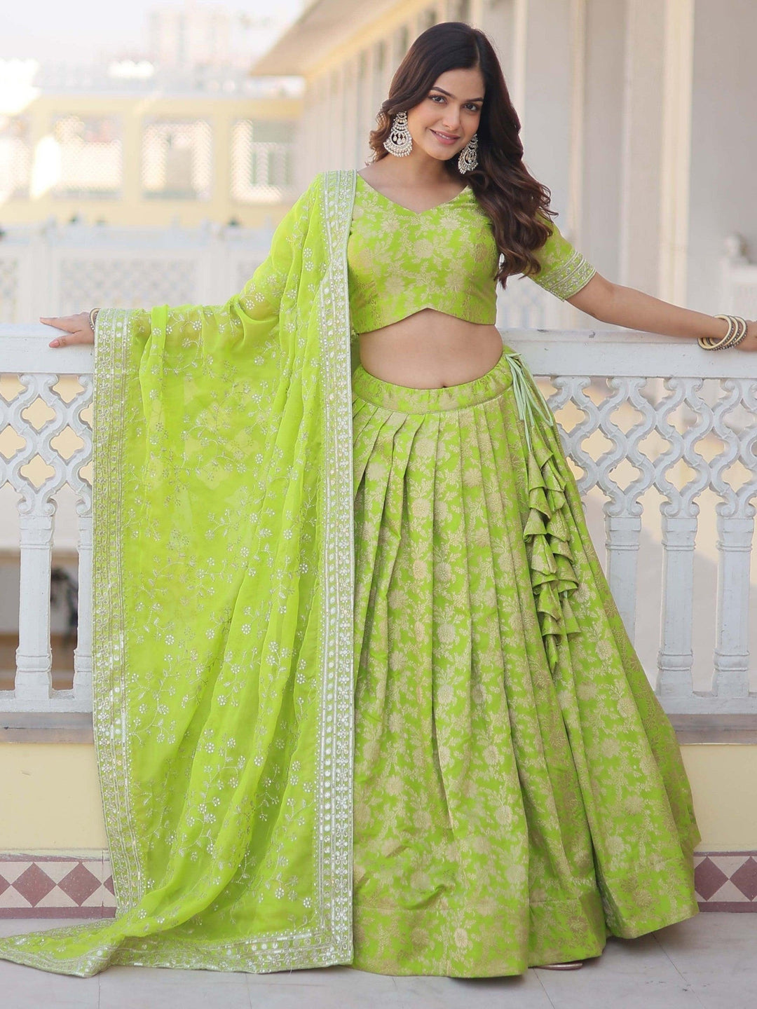 Green Embroidered Jacquard Wedding Wear Lehenga Choli