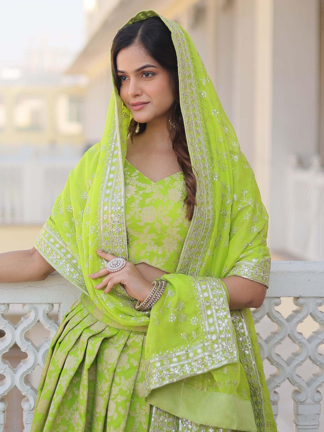 Green Embroidered Jacquard Wedding Wear Lehenga Choli