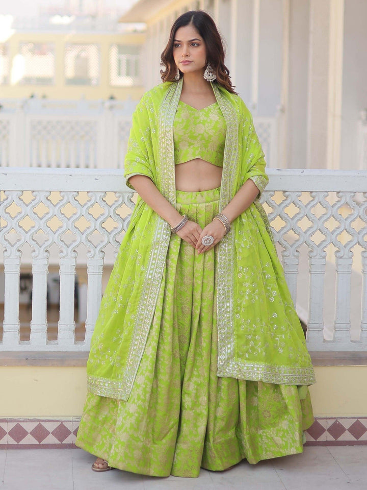 Green Embroidered Jacquard Wedding Wear Lehenga Choli