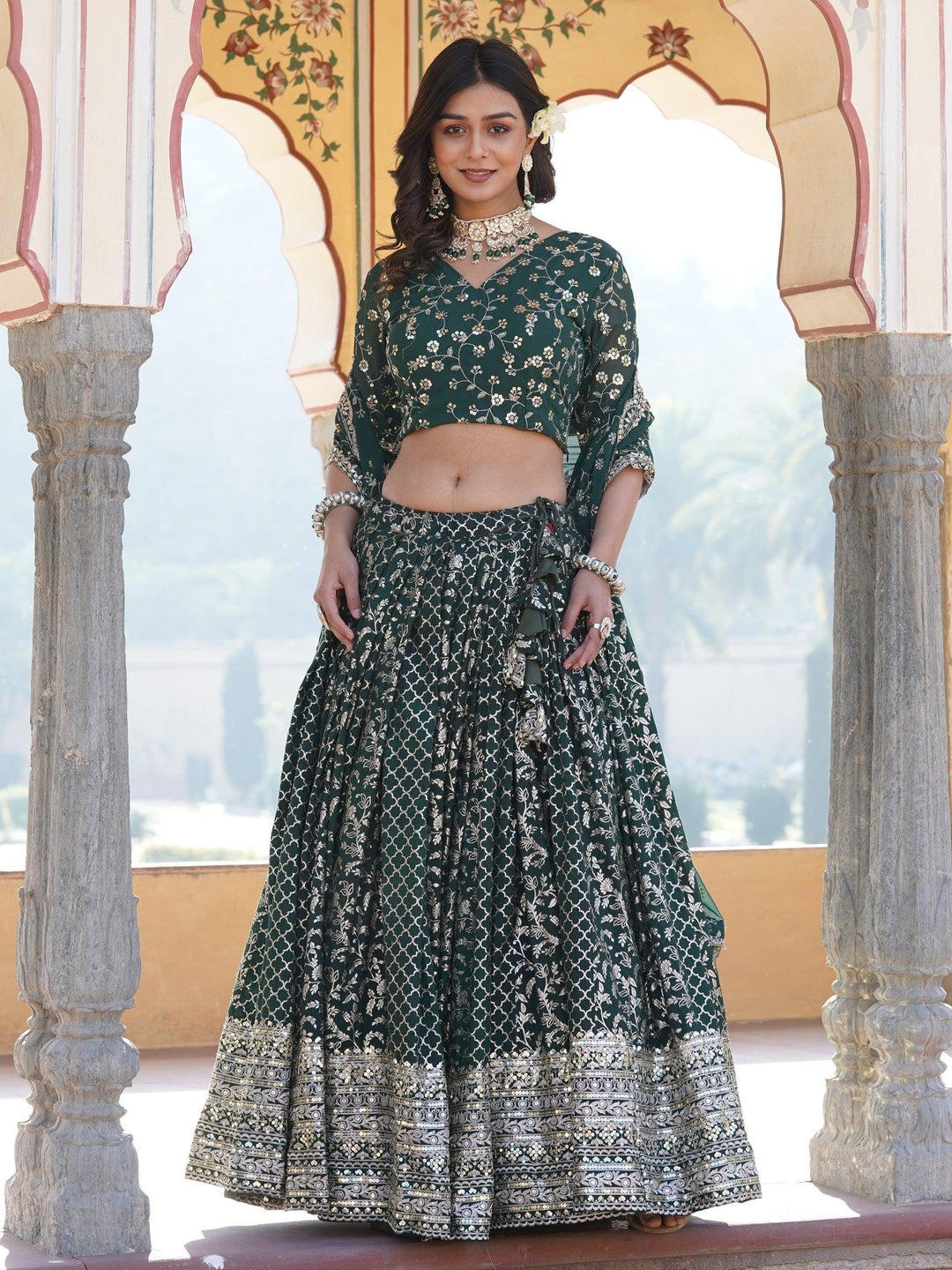 Green Sequins Jacquard Wedding Wear Lehenga Choli