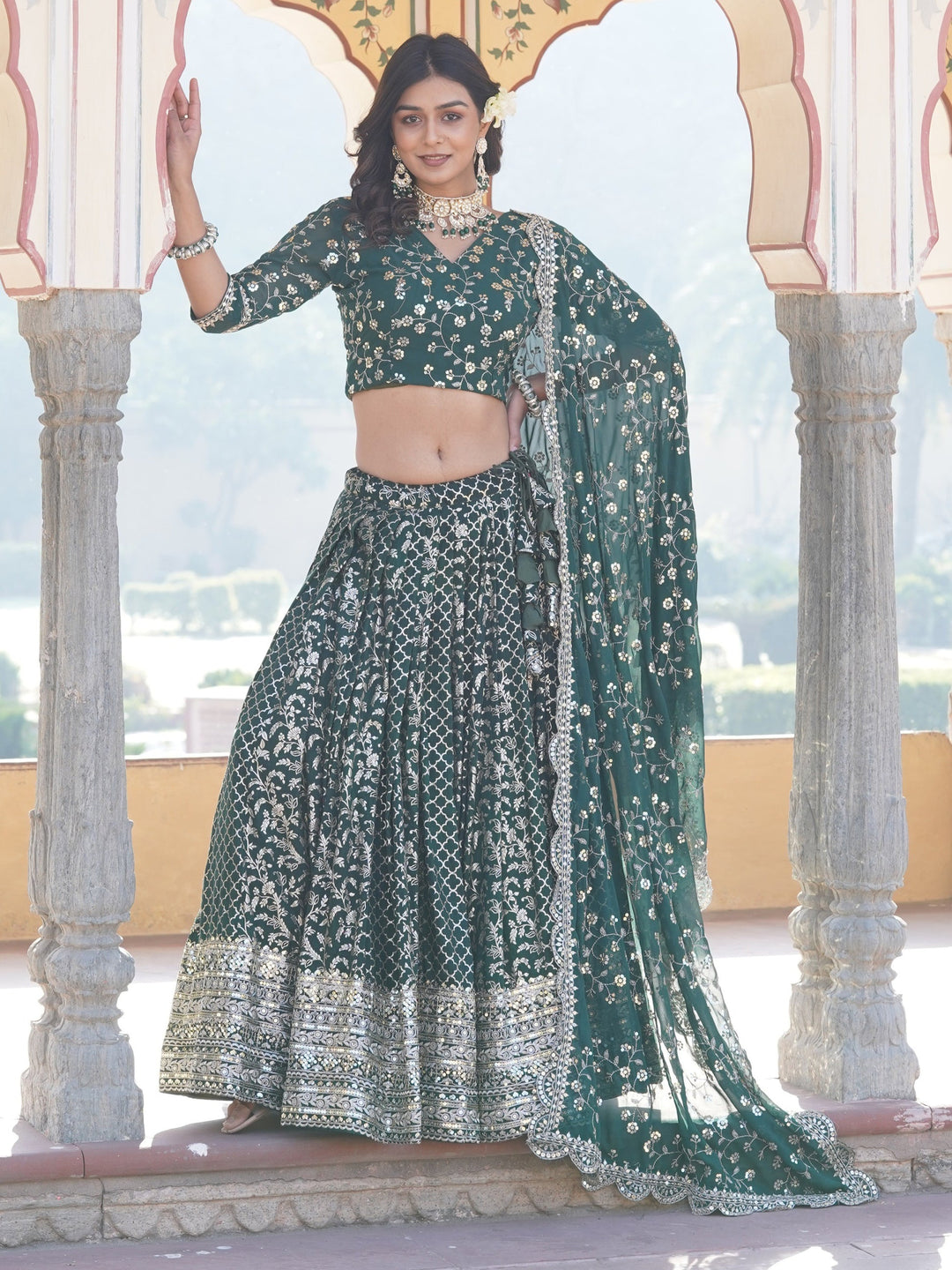 Green Sequins Jacquard Wedding Wear Lehenga Choli