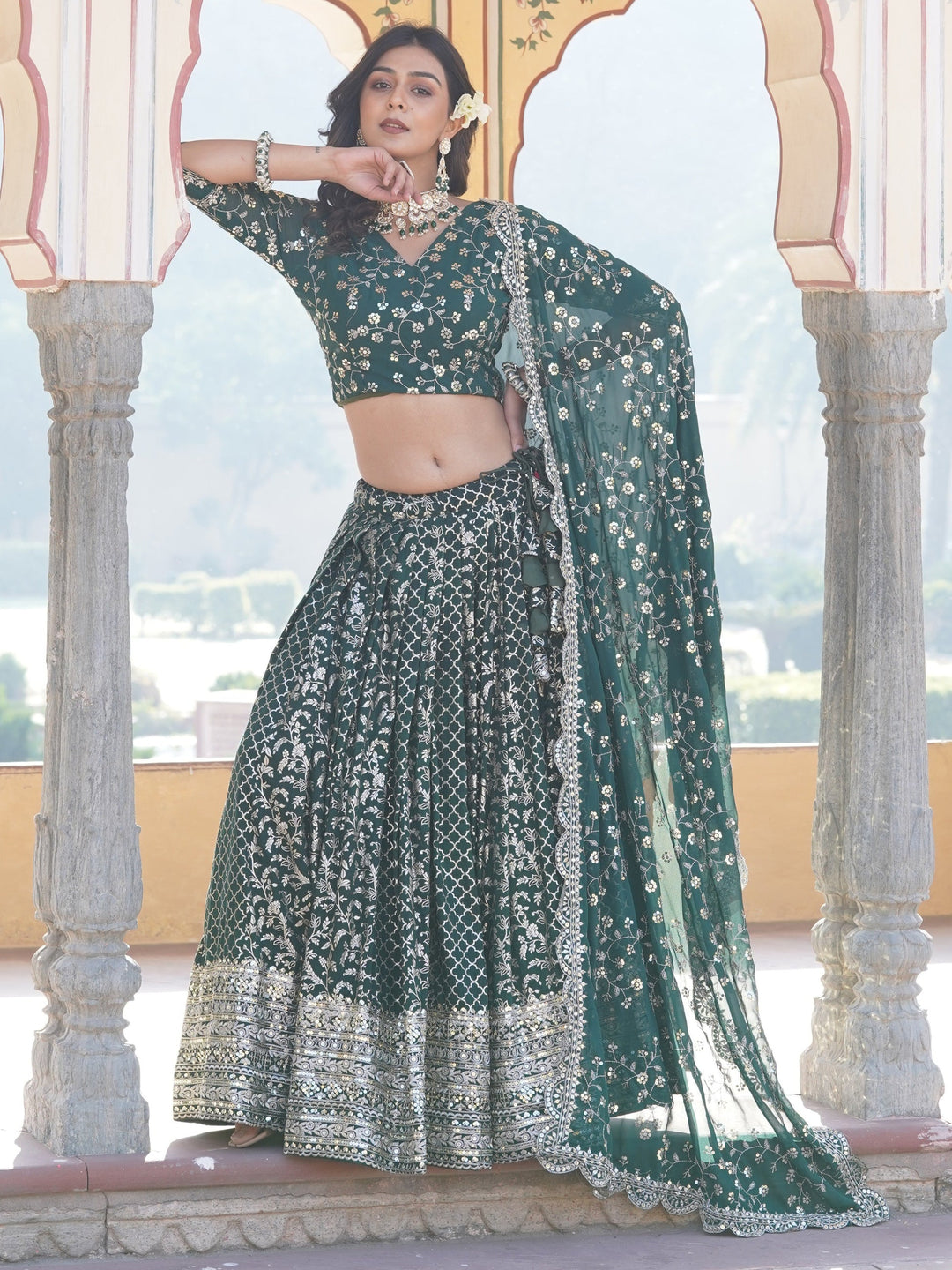 Green Sequins Jacquard Wedding Wear Lehenga Choli