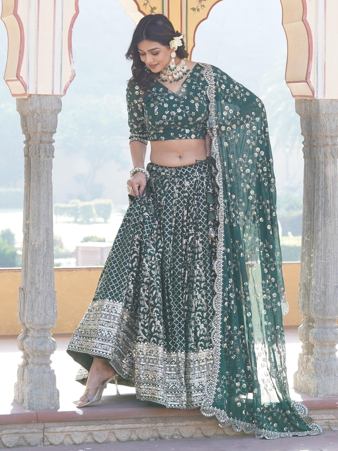 Green Sequins Jacquard Wedding Wear Lehenga Choli