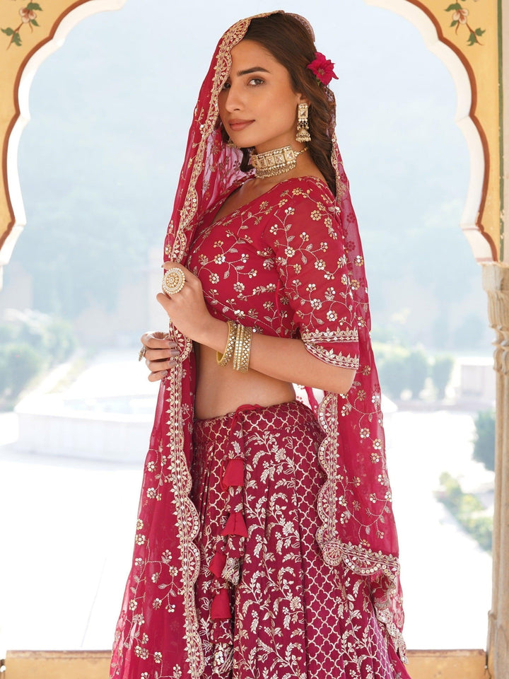 Rani Pink Sequins Jacquard Sangeet Wear Lehenga Choli