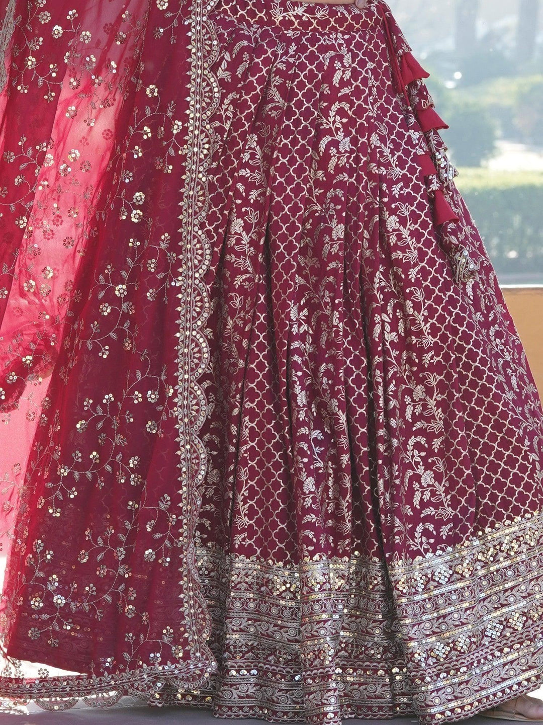 Rani Pink Sequins Jacquard Sangeet Wear Lehenga Choli