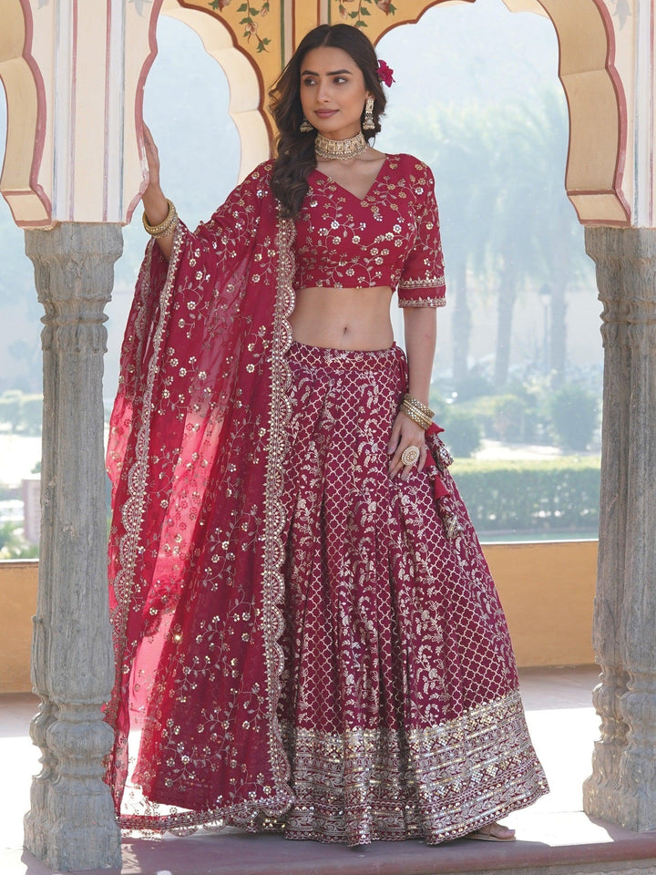 Rani Pink Sequins Jacquard Sangeet Wear Lehenga Choli