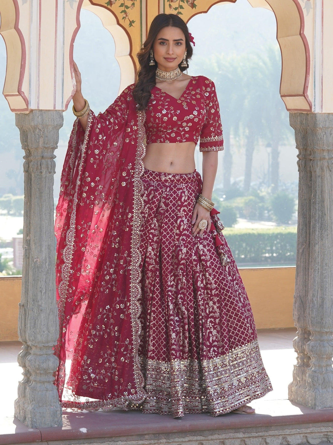 Rani Pink Sequins Jacquard Sangeet Wear Lehenga Choli
