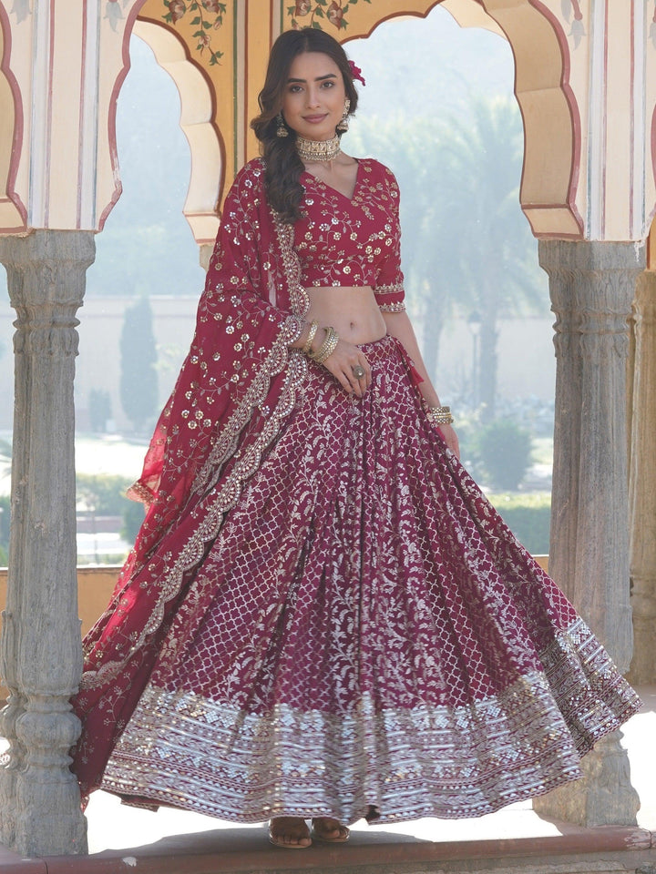 Rani Pink Sequins Jacquard Sangeet Wear Lehenga Choli