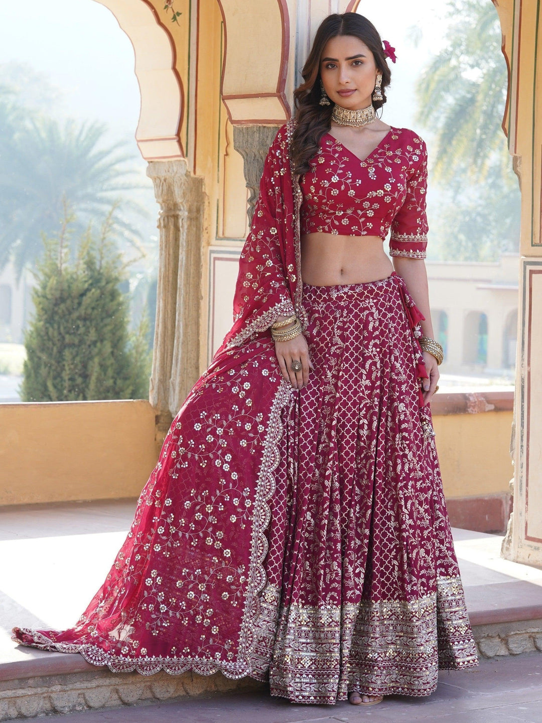 Rani Pink Sequins Jacquard Sangeet Wear Lehenga Choli