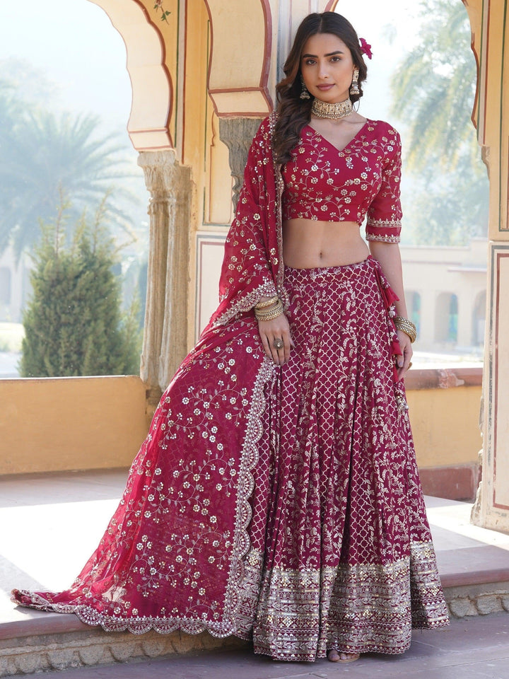Rani Pink Sequins Jacquard Sangeet Wear Lehenga Choli