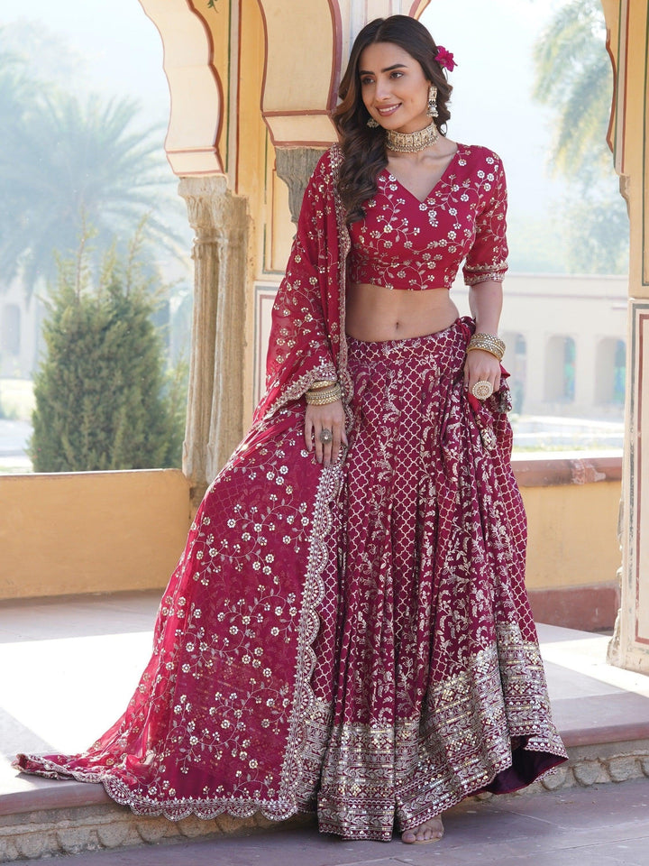 Rani Pink Sequins Jacquard Sangeet Wear Lehenga Choli