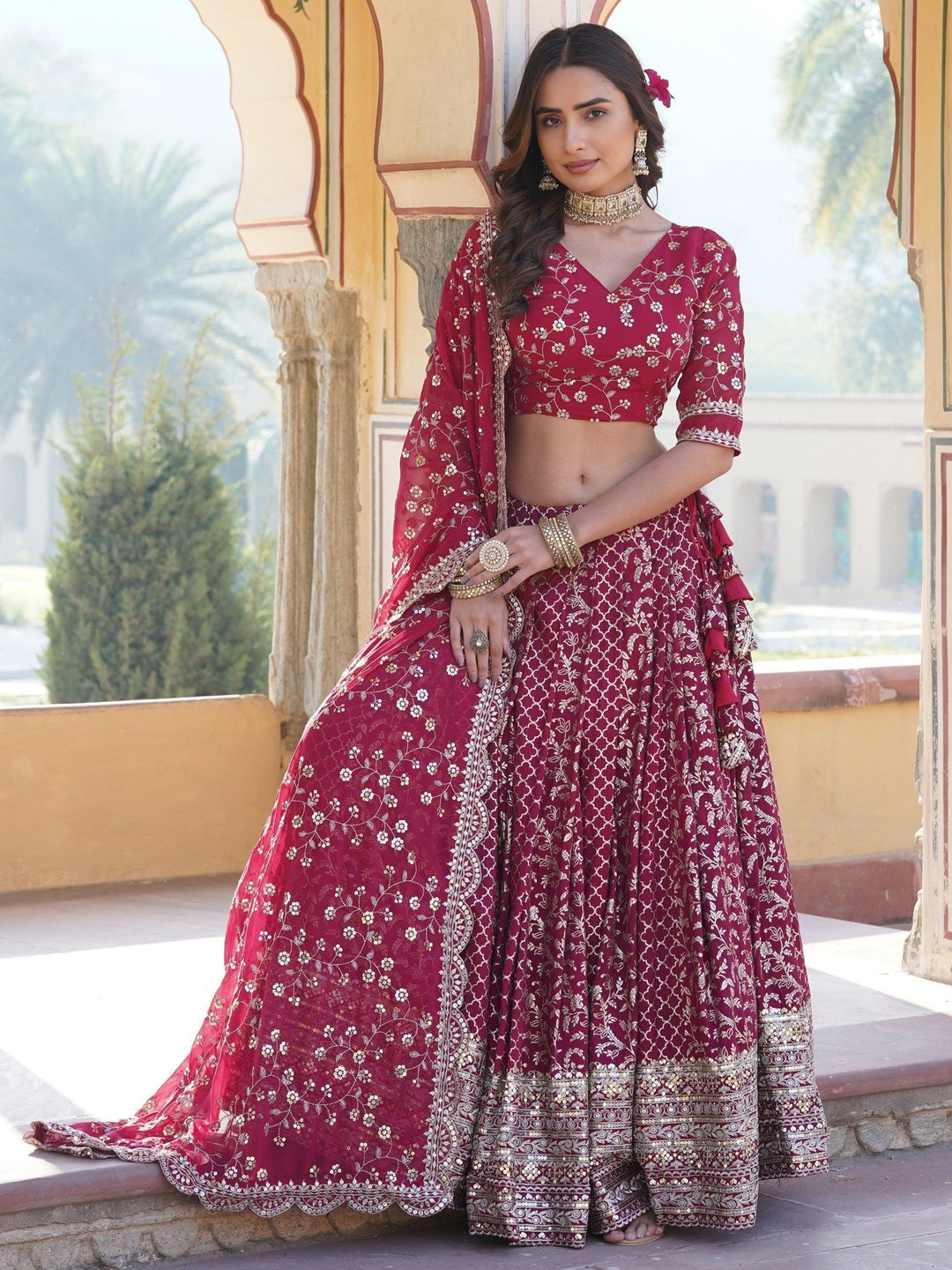 Rani Pink Sequins Jacquard Sangeet Wear Lehenga Choli