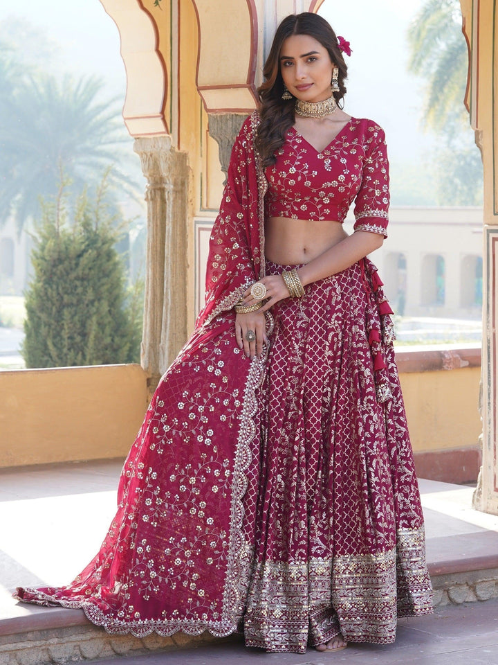 Rani Pink Sequins Jacquard Sangeet Wear Lehenga Choli