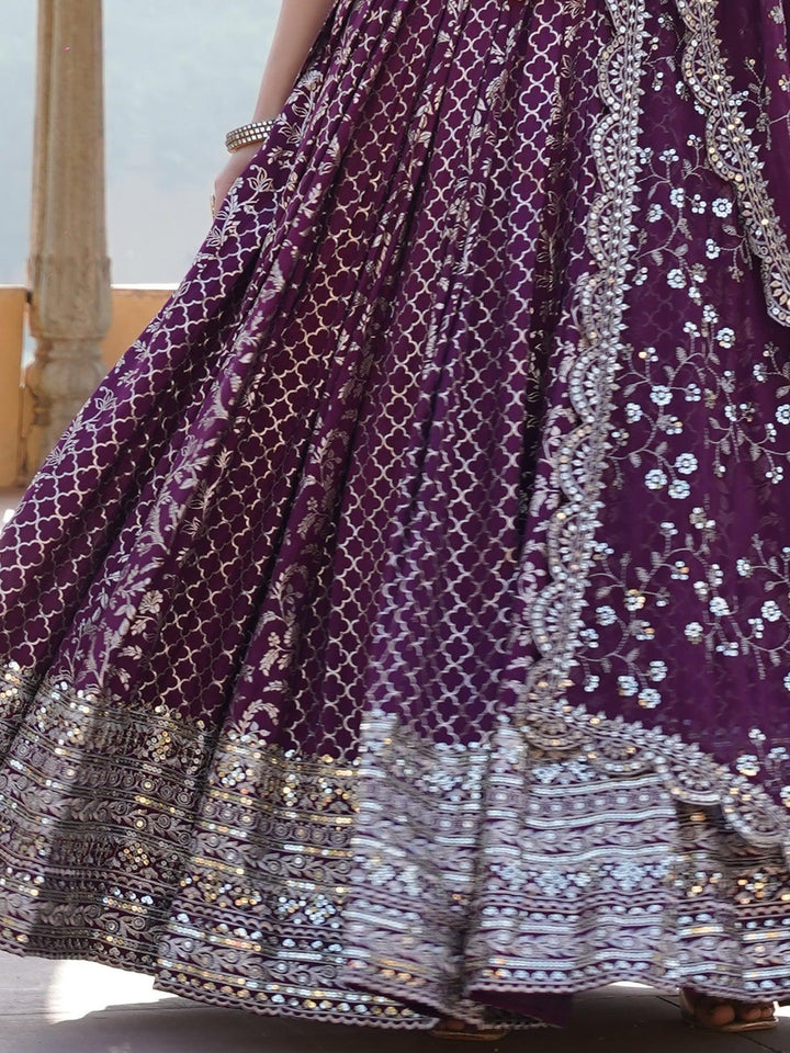 Wine Sequins Jacquard Engagement Wear Lehenga Choli