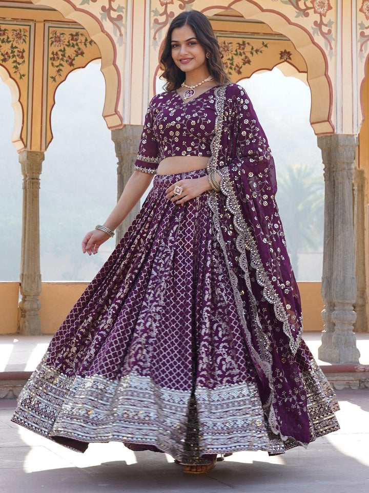Wine Sequins Jacquard Engagement Wear Lehenga Choli