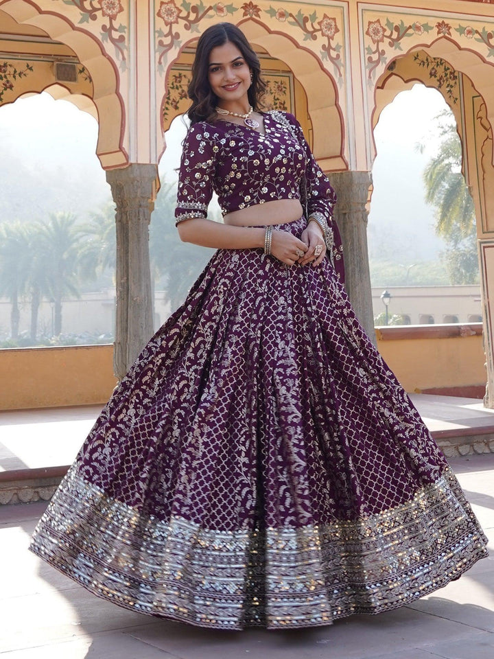 Wine Sequins Jacquard Engagement Wear Lehenga Choli