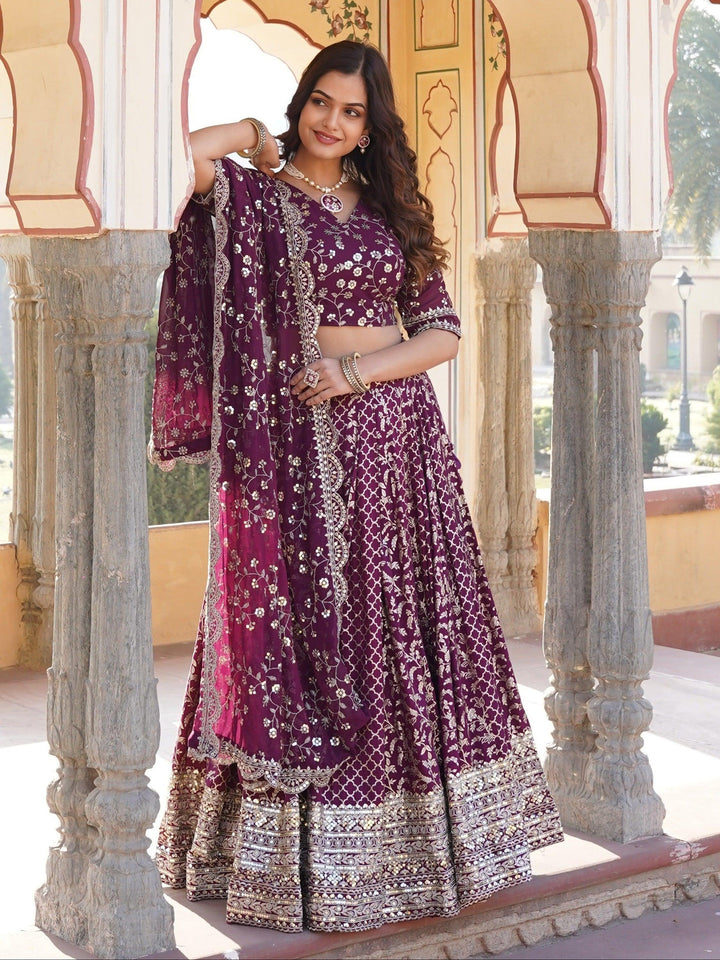 Wine Sequins Jacquard Engagement Wear Lehenga Choli