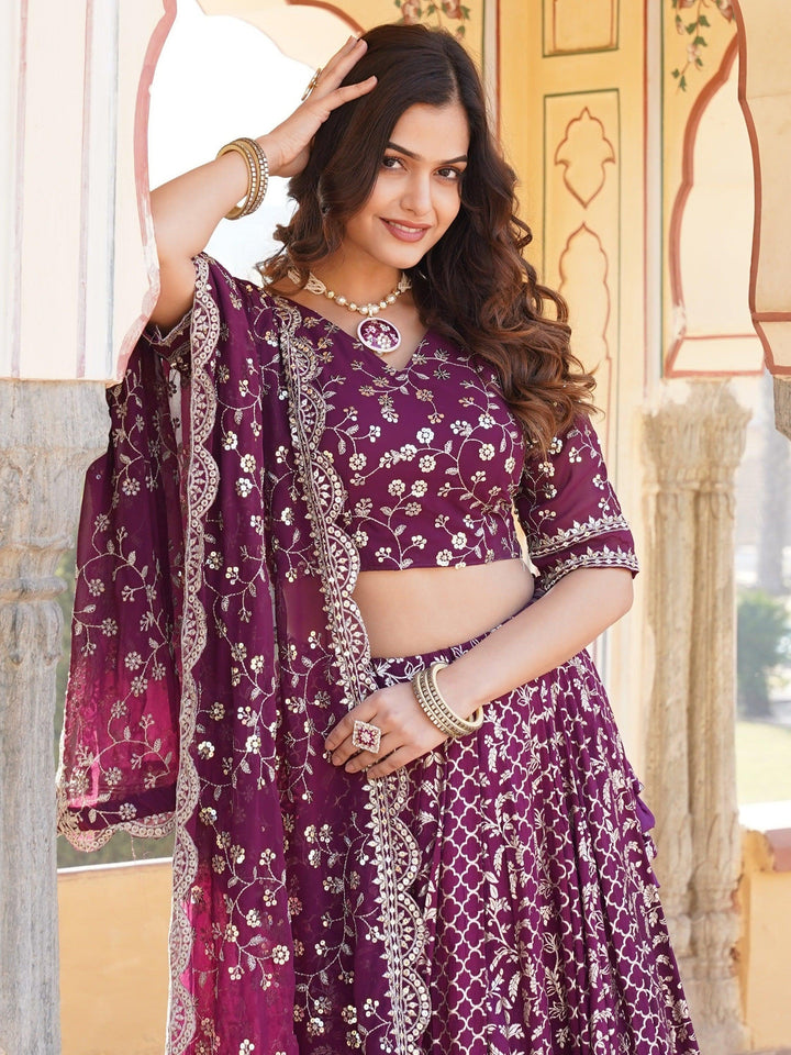 Wine Sequins Jacquard Engagement Wear Lehenga Choli