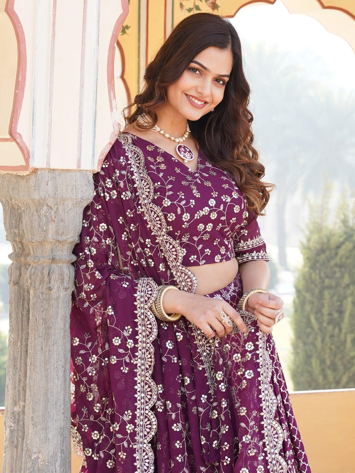 Wine Sequins Jacquard Engagement Wear Lehenga Choli