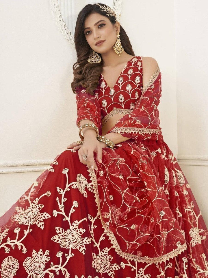Red Sequins Net Wedding Wear Lehenga Choli With Dupatta