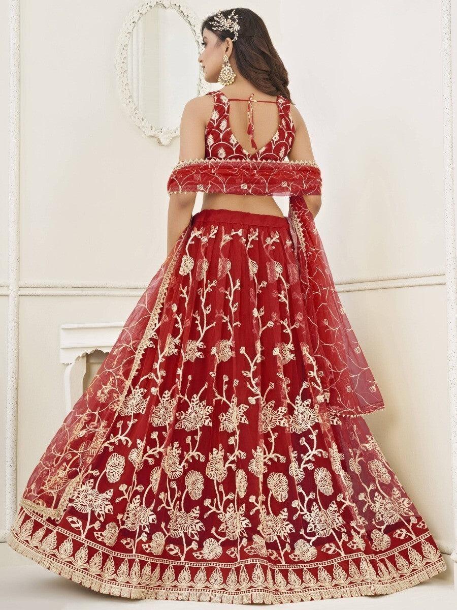 Red Sequins Net Wedding Wear Lehenga Choli With Dupatta