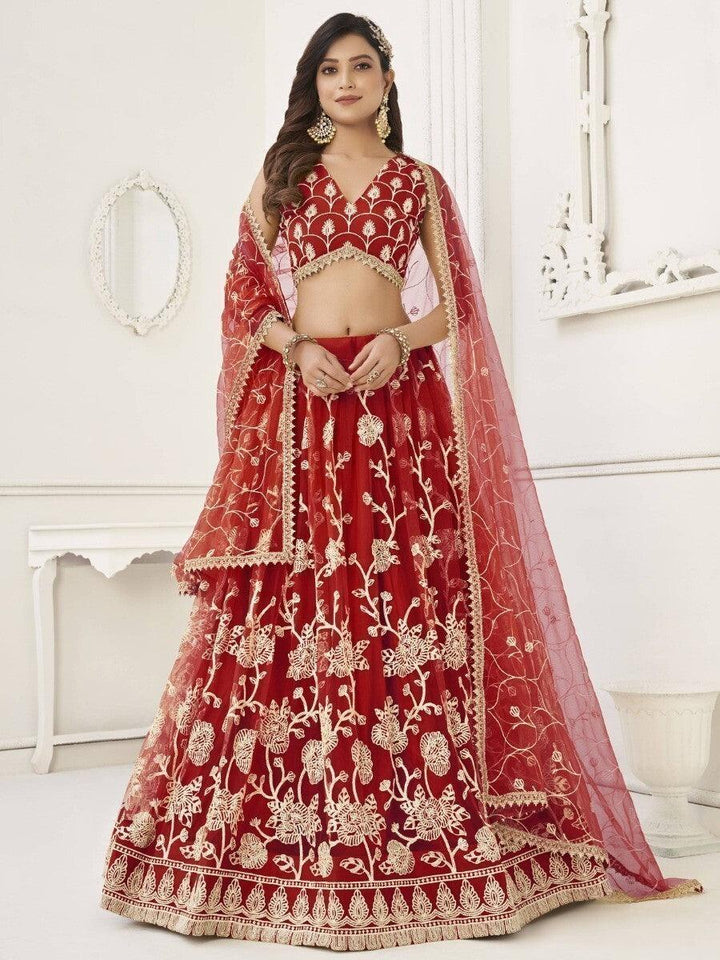 Red Sequins Net Wedding Wear Lehenga Choli With Dupatta