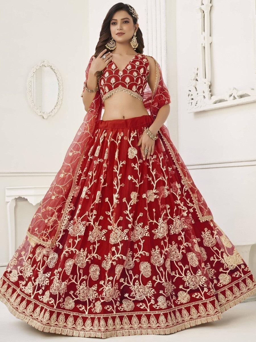 Red Sequins Net Wedding Wear Lehenga Choli With Dupatta