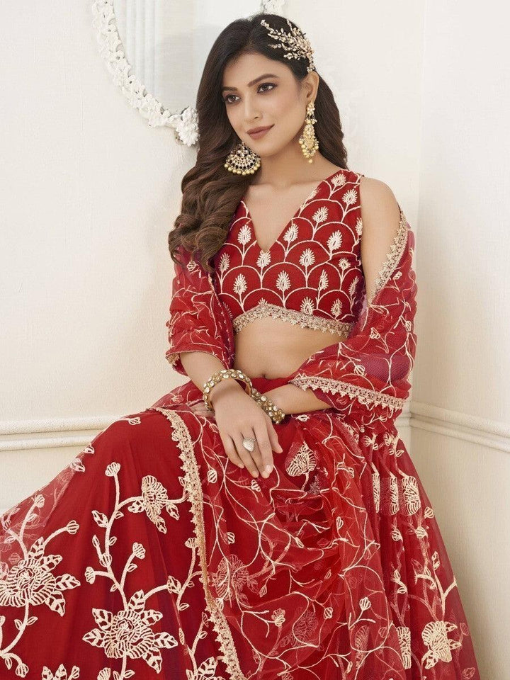 Red Sequins Net Wedding Wear Lehenga Choli With Dupatta