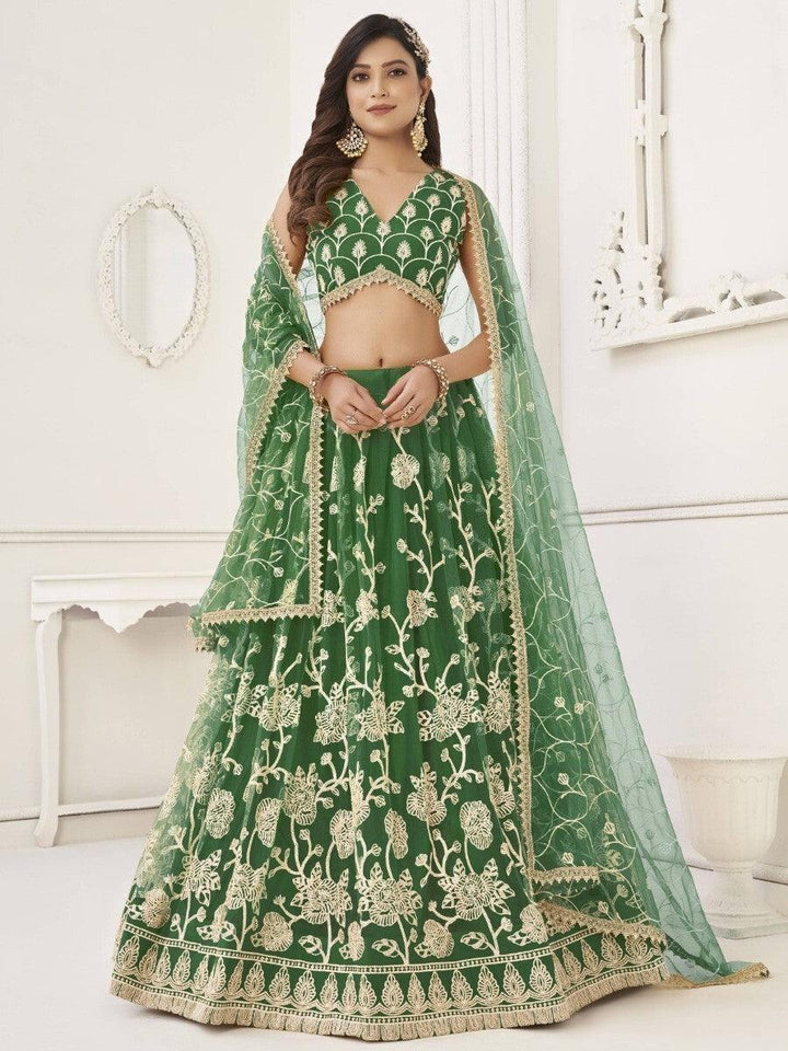 Green Sequins Net Mehendi Wear Lehenga Choli With Dupatta