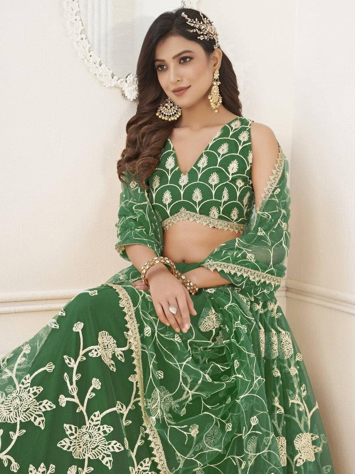 Green Sequins Net Mehendi Wear Lehenga Choli With Dupatta