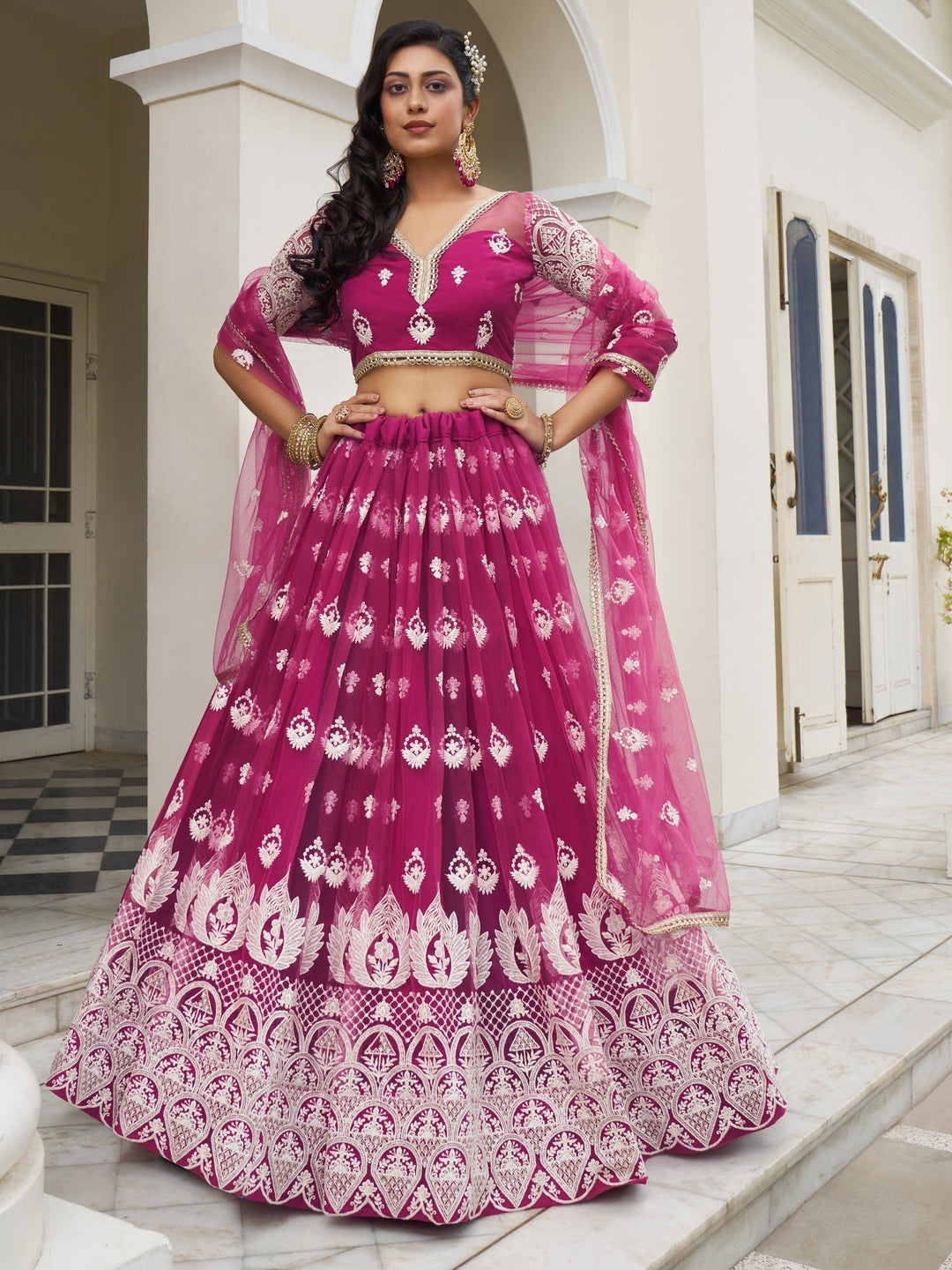 Rani Pink Thread Work Net Wedding Wear Lehenga Choli