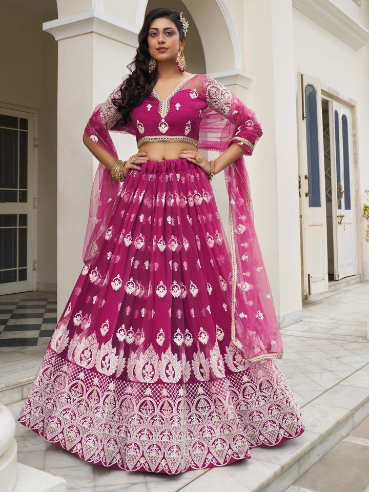 Rani Pink Thread Work Net Wedding Wear Lehenga Choli