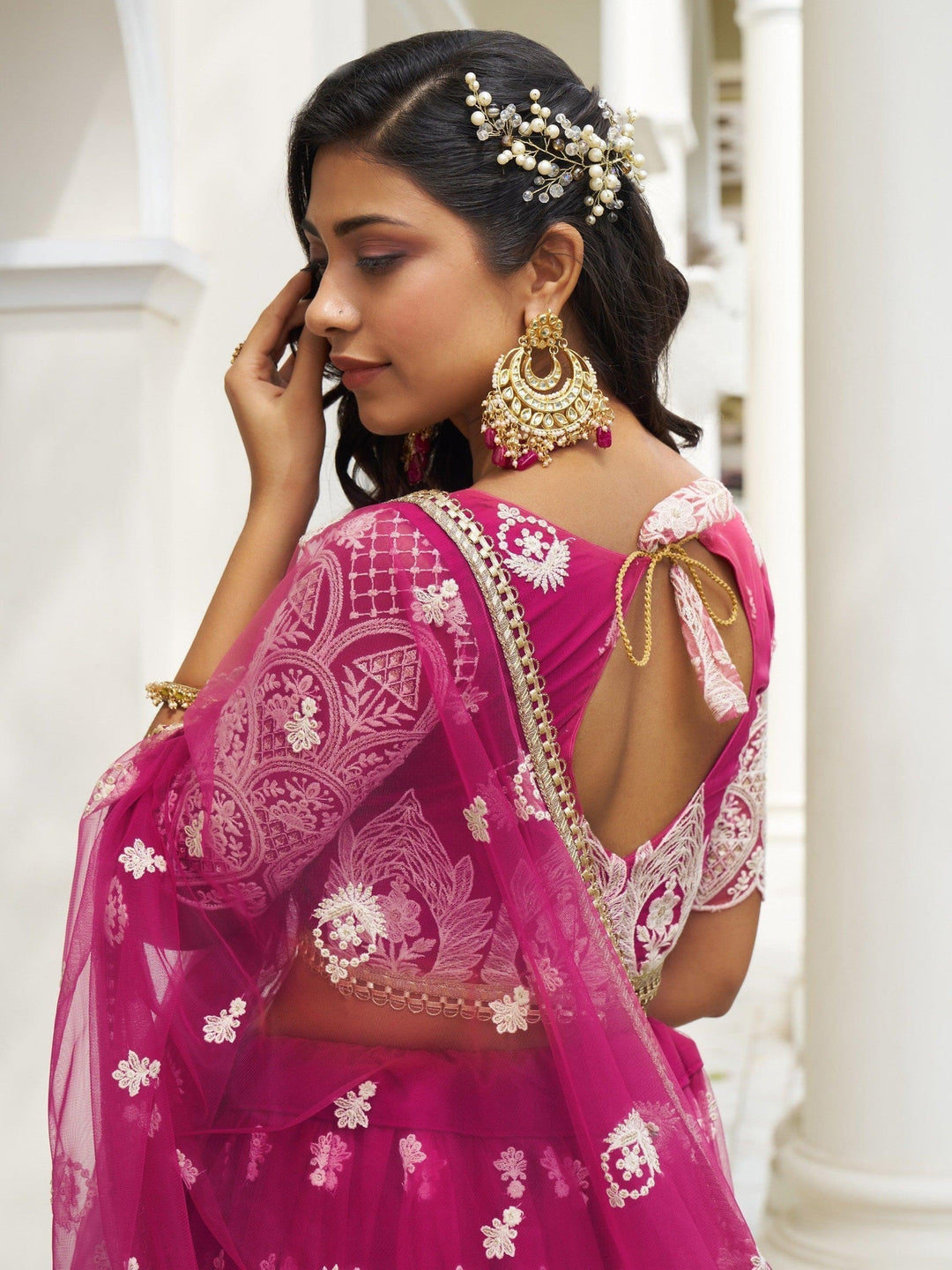 Rani Pink Thread Work Net Wedding Wear Lehenga Choli