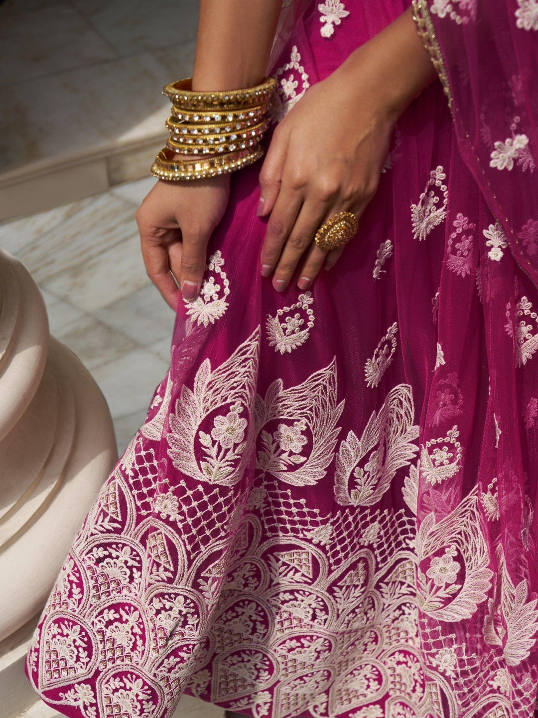 Rani Pink Thread Work Net Wedding Wear Lehenga Choli