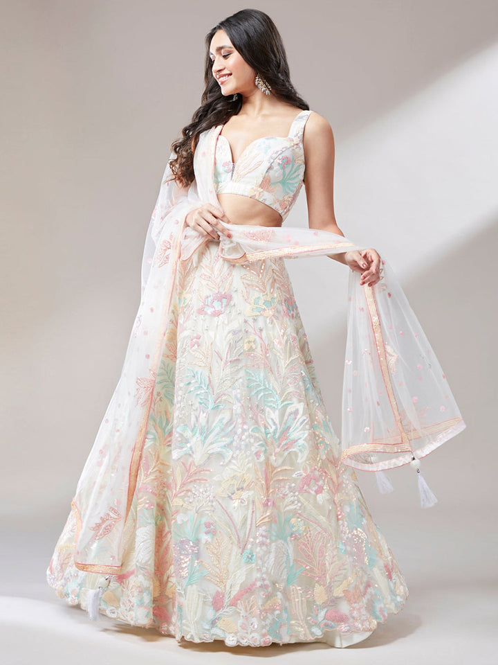 Off-White Sequins Net Lehenga Choli With Dupatta