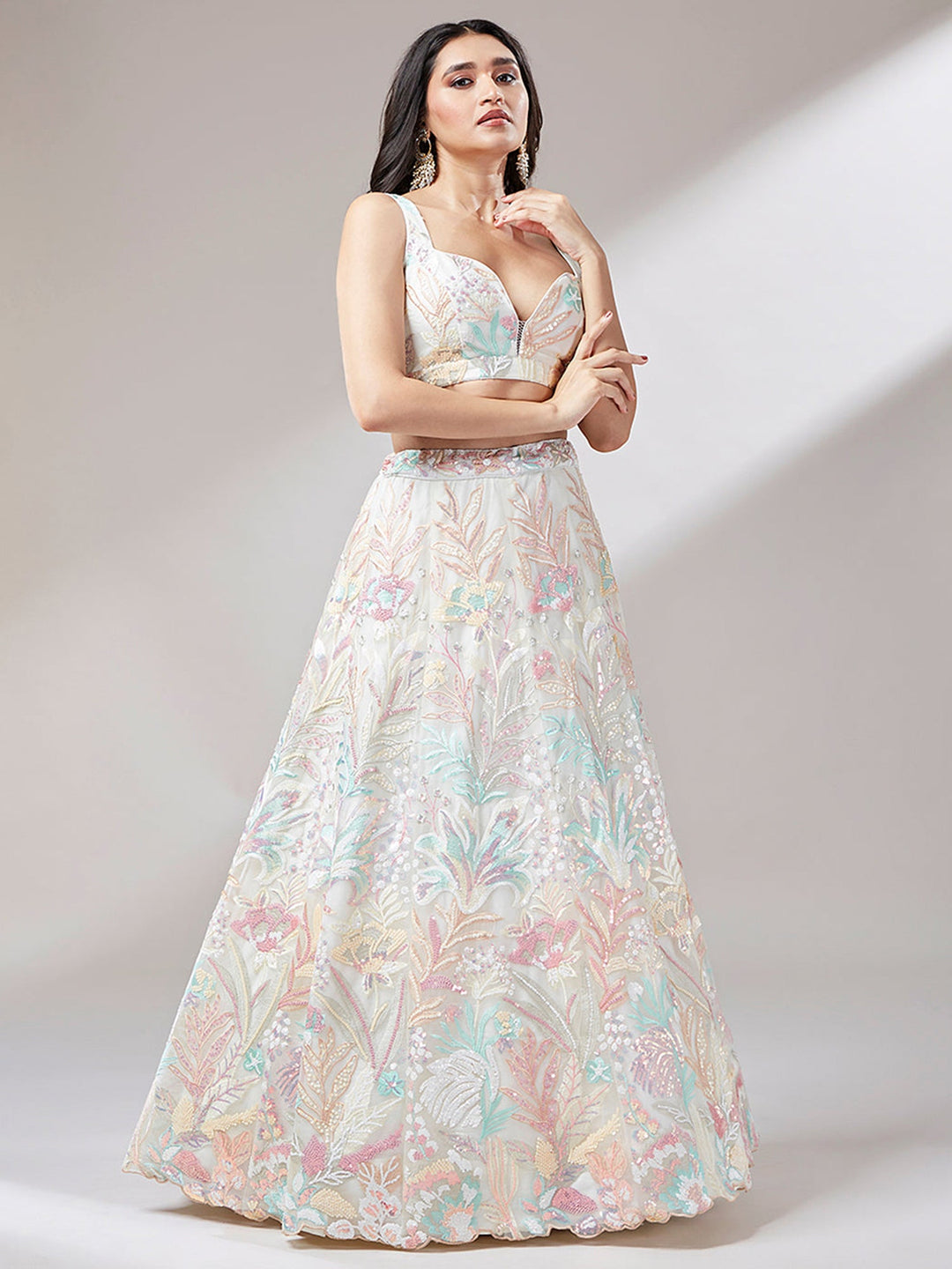 Off-White Sequins Net Lehenga Choli With Dupatta