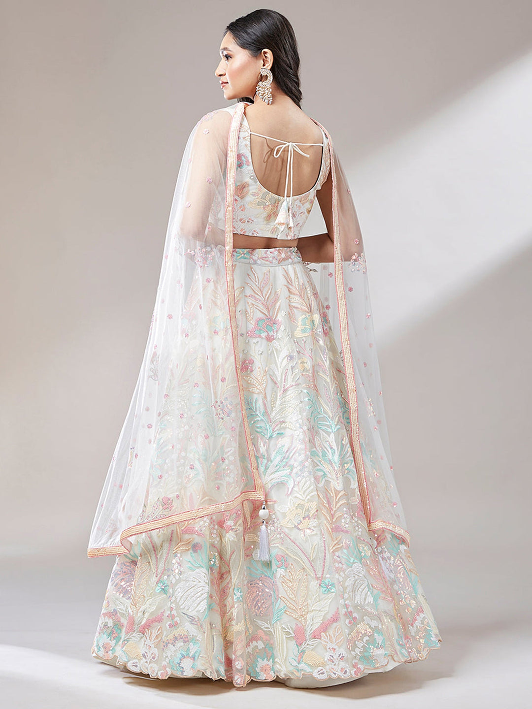 Off-White Sequins Net Lehenga Choli With Dupatta