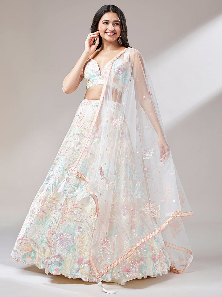 Off-White Sequins Net Lehenga Choli With Dupatta
