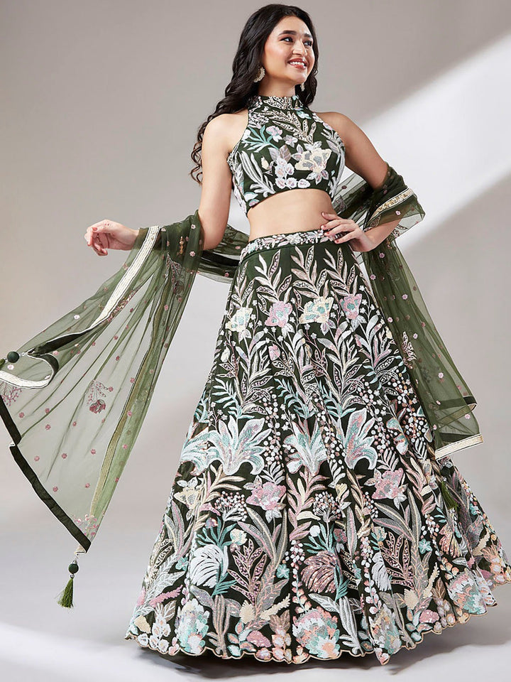Olive Green Sequins Net Mehendi Wear Lehenga Choli